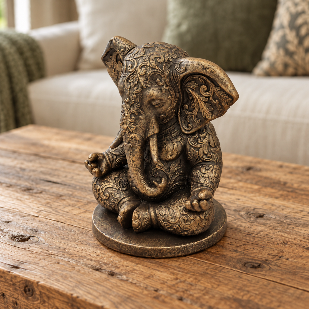 Ornate Resin Ganesha Statue, Bronze-Tone Finish, 6.14-Inch Meditation Decor