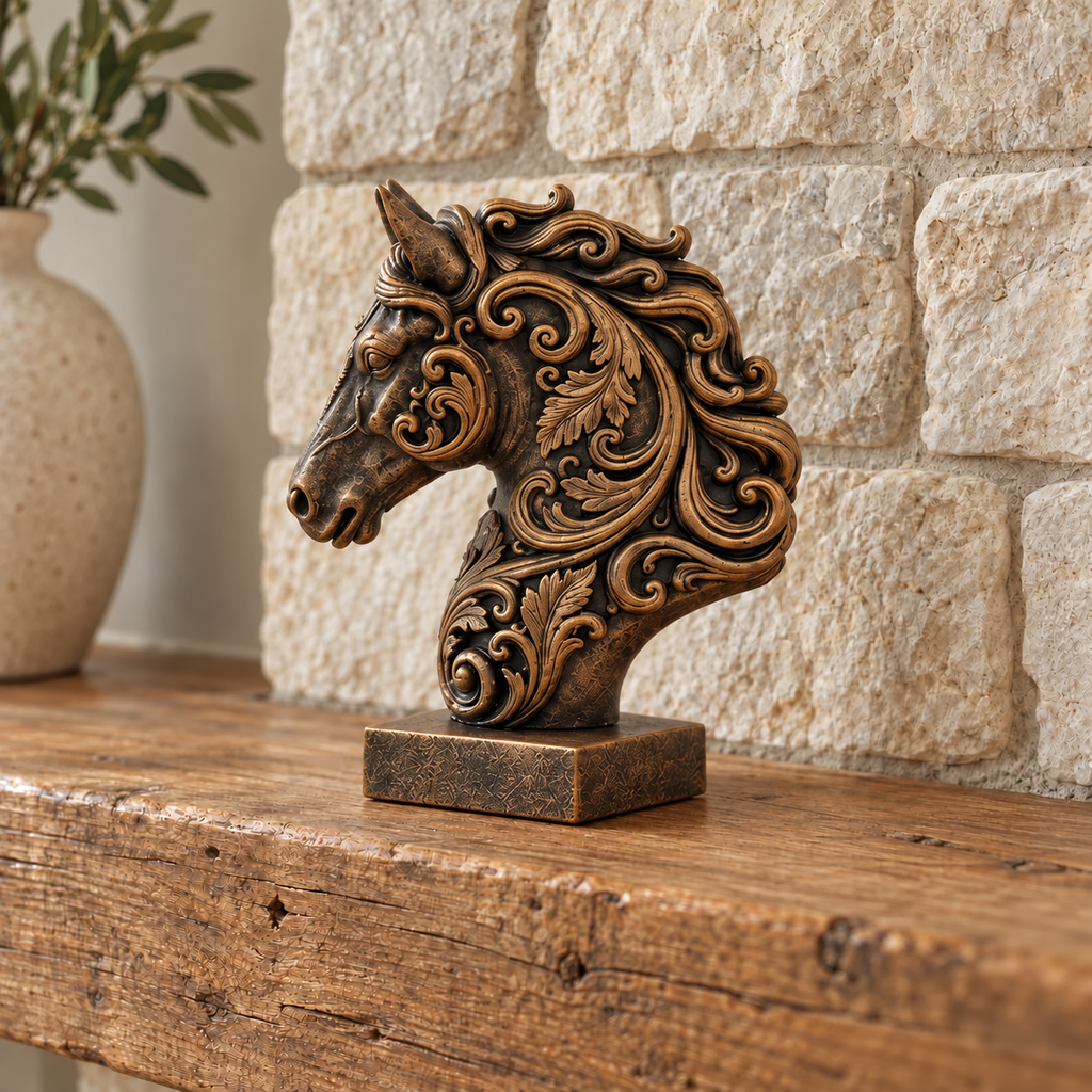 Ornate Resin Horse Head Sculpture, Bronze-Tone Finish, 6.42-Inch Equestrian Decor