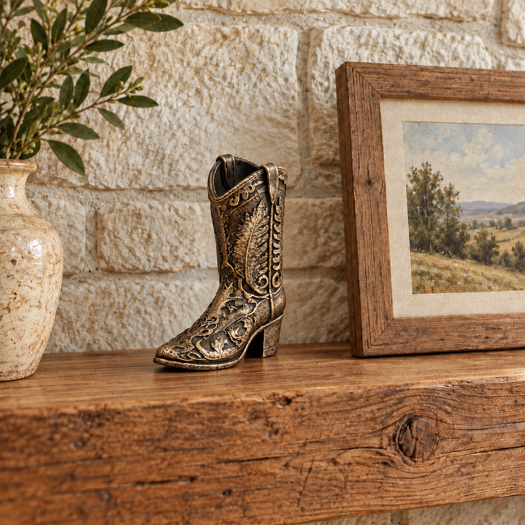 Ornate Cowboy Boot Sculpture, Bronze-Tone Finish, 7-Inch Western Decor