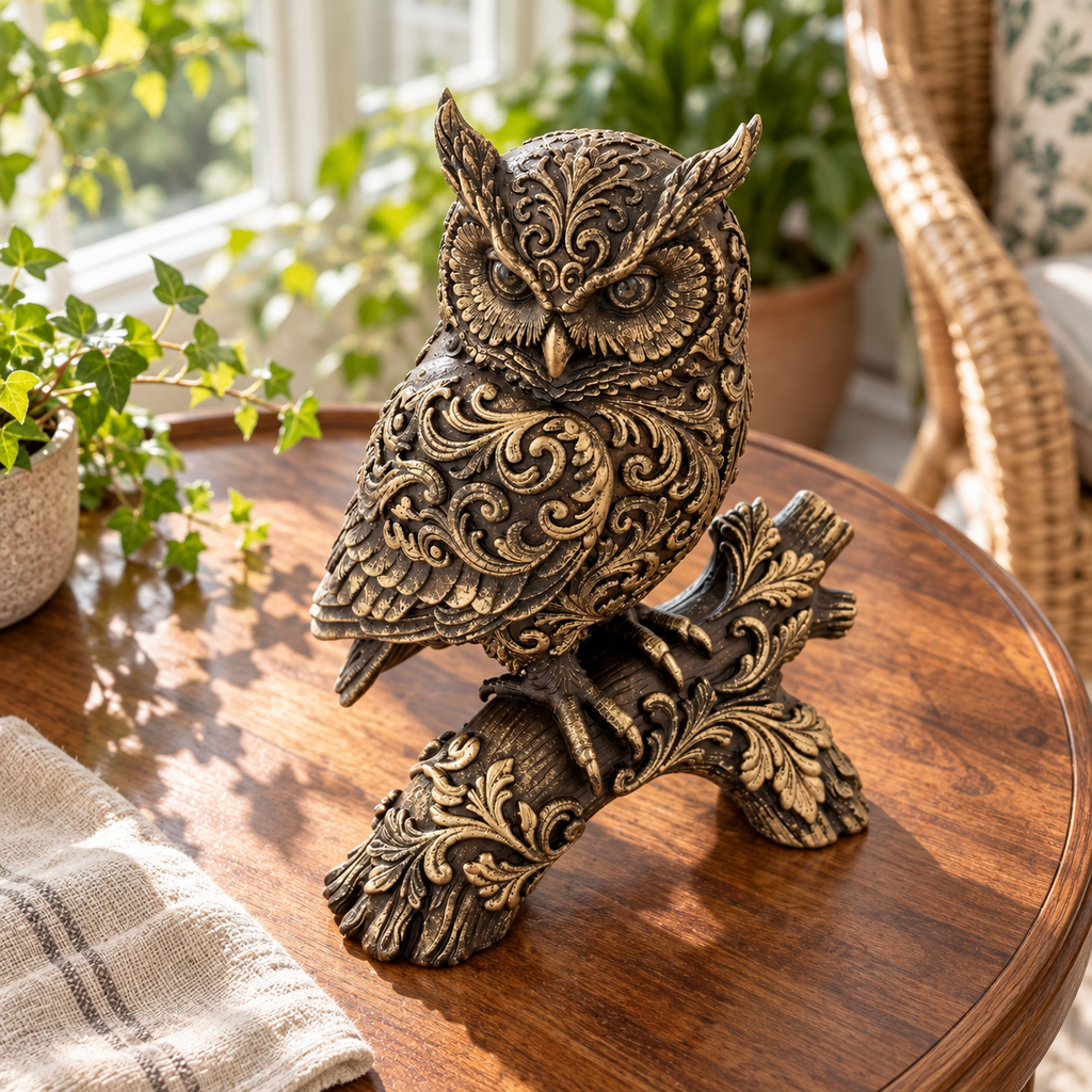 Ornate Resin Owl Sculpture, Bronze-Tone Finish, 7.1-Inch Woodland Decor