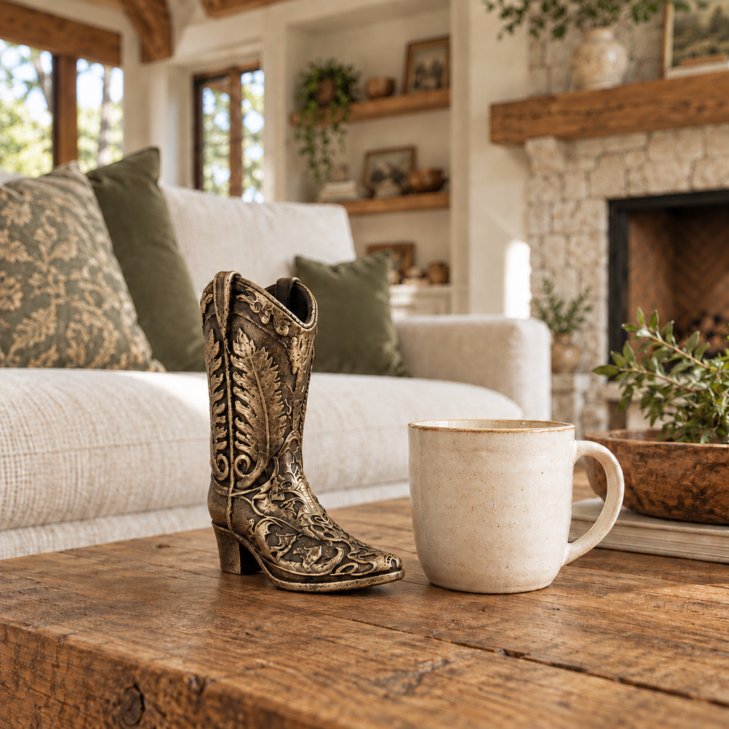 Ornate Cowboy Boot Sculpture, Bronze-Tone Finish, 7-Inch Western Decor