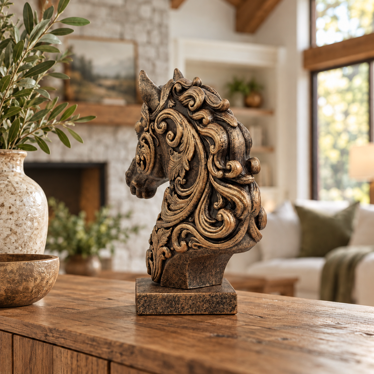 Ornate Resin Horse Head Sculpture, Bronze-Tone Finish, 6.42-Inch Equestrian Decor