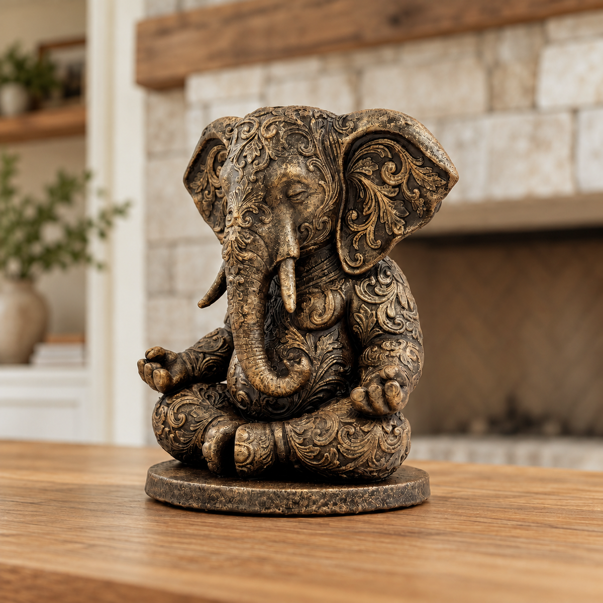 Ornate Resin Ganesha Statue, Bronze-Tone Finish, 6.14-Inch Meditation Decor