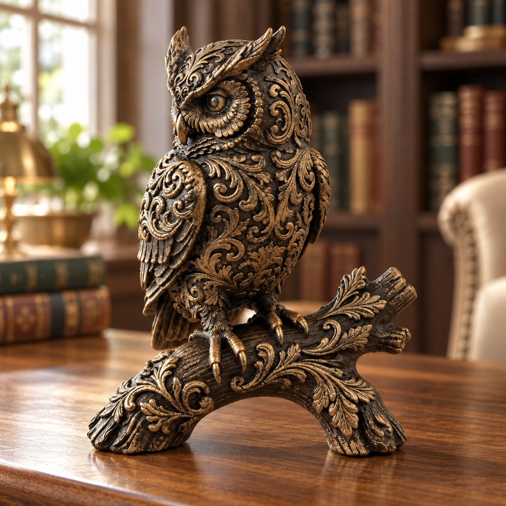 Ornate Resin Owl Sculpture, Bronze-Tone Finish, 7.1-Inch Woodland Decor