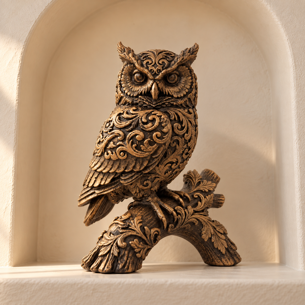 Ornate Resin Owl Sculpture, Bronze-Tone Finish, 7.1-Inch Woodland Decor