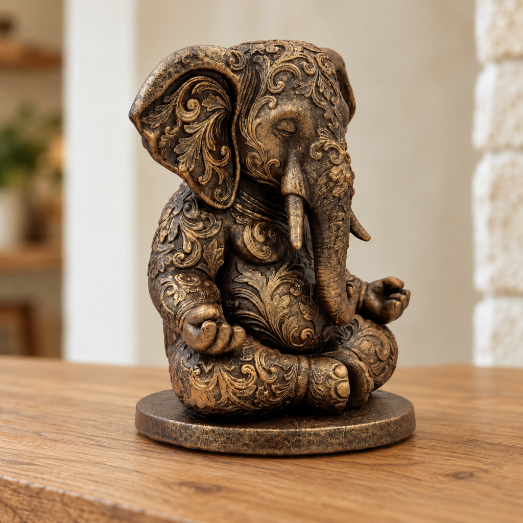 Ornate Resin Ganesha Statue, Bronze-Tone Finish, 6.14-Inch Meditation Decor