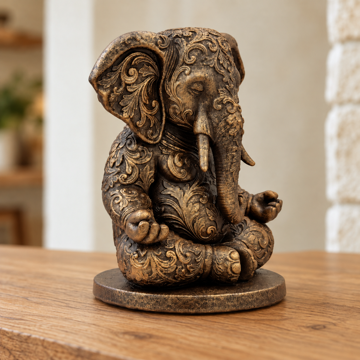 Ornate Resin Ganesha Statue, Bronze-Tone Finish, 6.14-Inch Meditation Decor