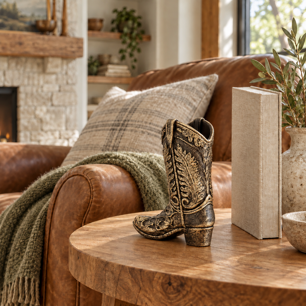 Ornate Cowboy Boot Sculpture, Bronze-Tone Finish, 7-Inch Western Decor