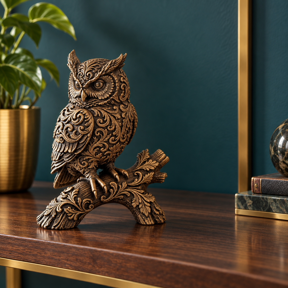 Ornate Resin Owl Sculpture, Bronze-Tone Finish, 7.1-Inch Woodland Decor