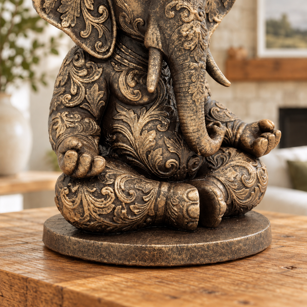Ornate Resin Ganesha Statue, Bronze-Tone Finish, 6.14-Inch Meditation Decor