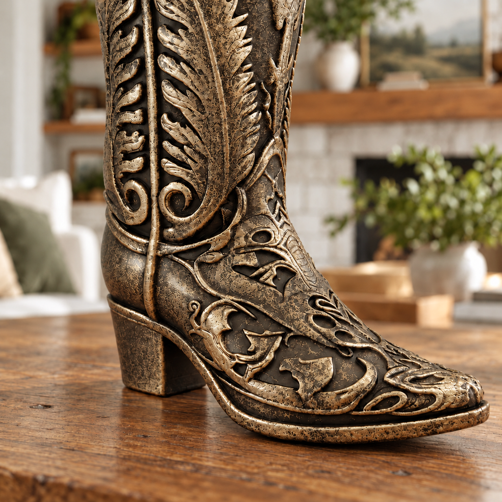 Ornate Cowboy Boot Sculpture, Bronze-Tone Finish, 7-Inch Western Decor