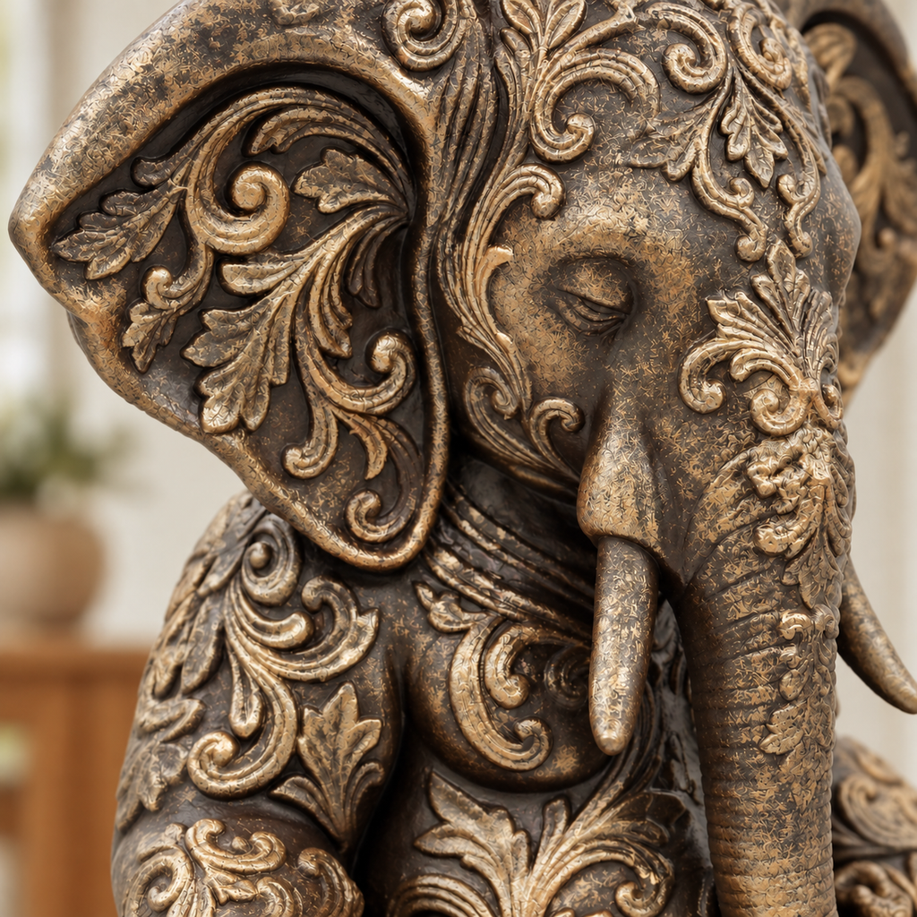 Ornate Resin Ganesha Statue, Bronze-Tone Finish, 6.14-Inch Meditation Decor