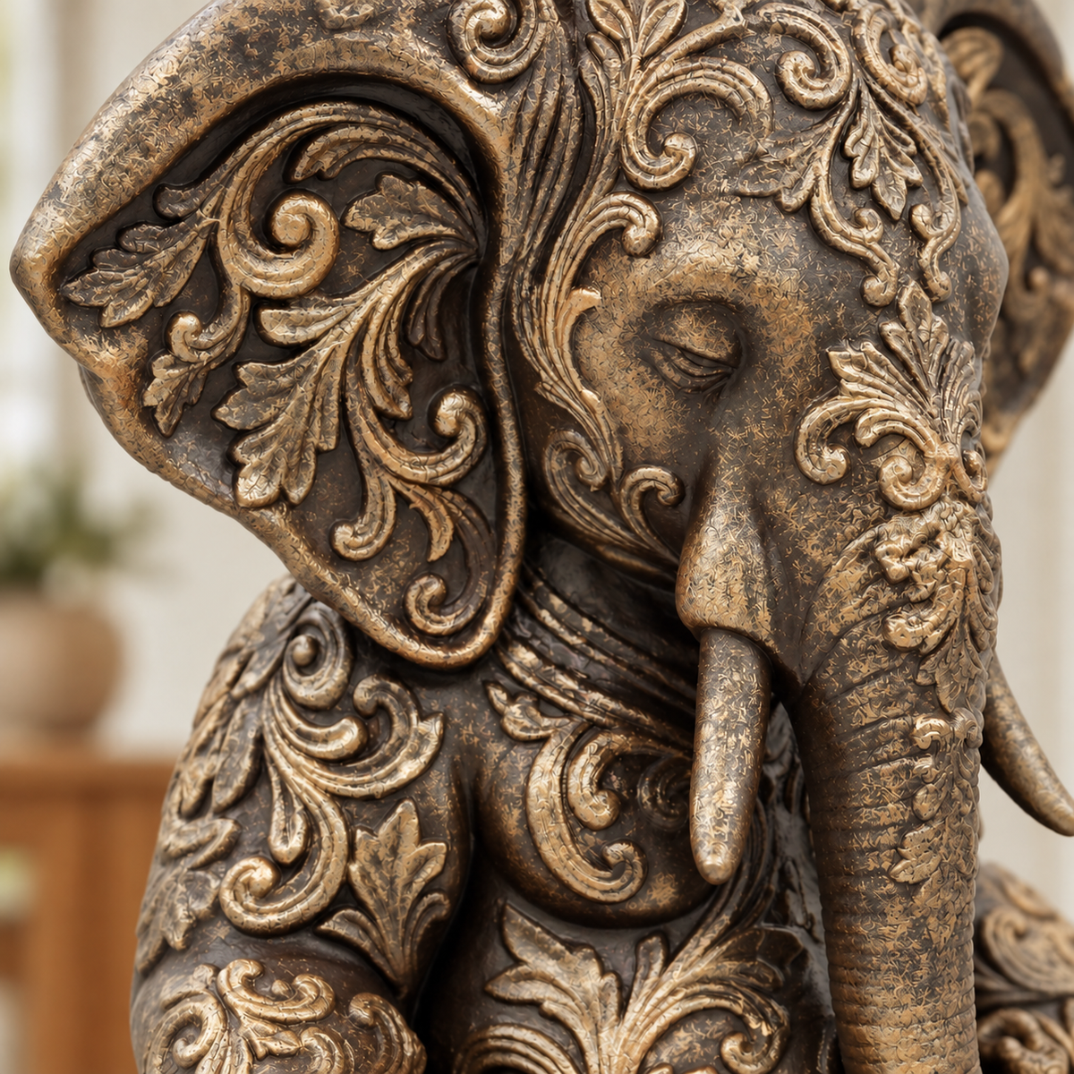 Ornate Resin Ganesha Statue, Bronze-Tone Finish, 6.14-Inch Meditation Decor