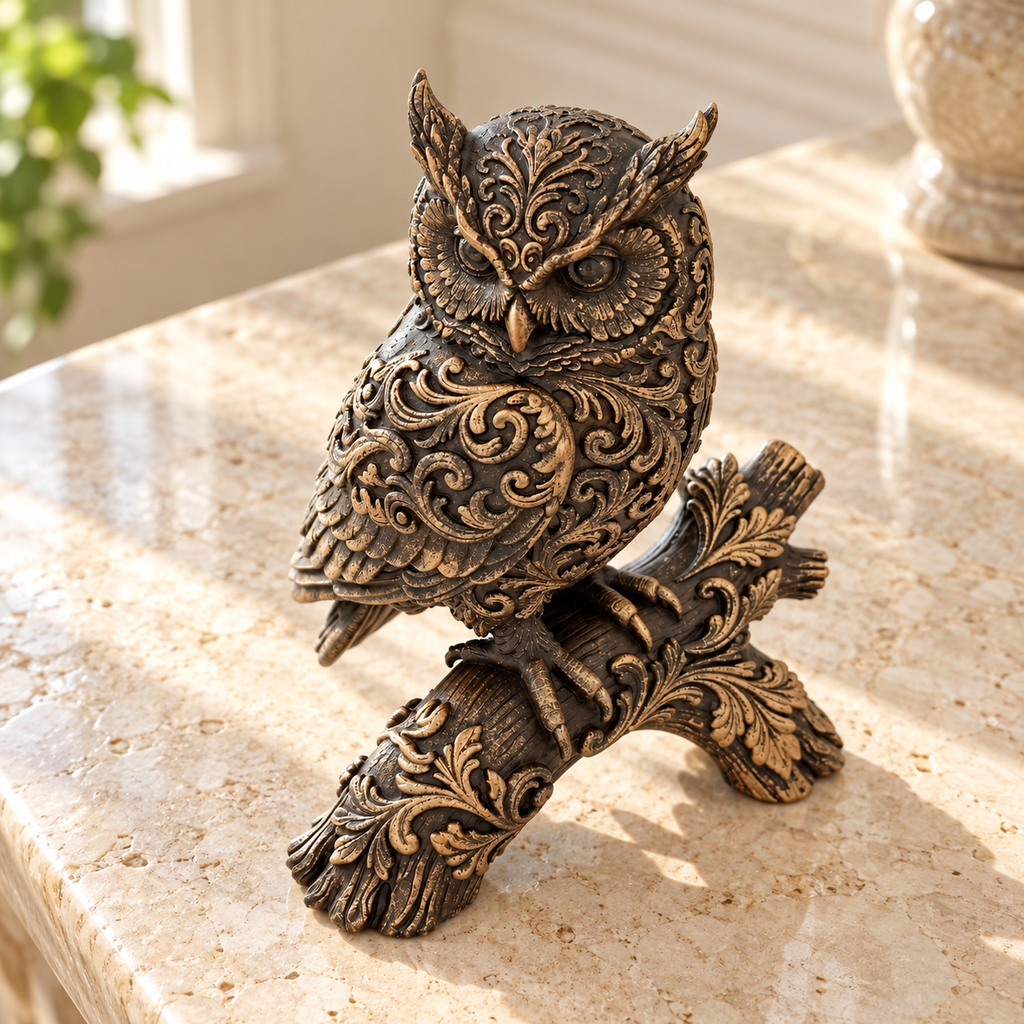 Ornate Resin Owl Sculpture, Bronze-Tone Finish, 7.1-Inch Woodland Decor