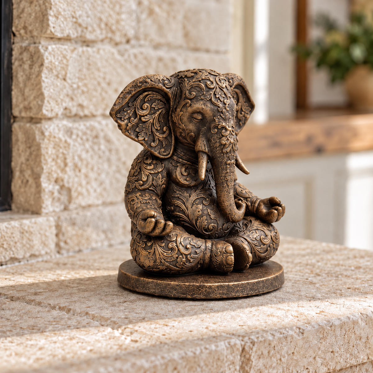 Hand-painted bronze-tone meditating elephant sculpture on a stone fireplace hearth, viewed from a three-quarter angle.