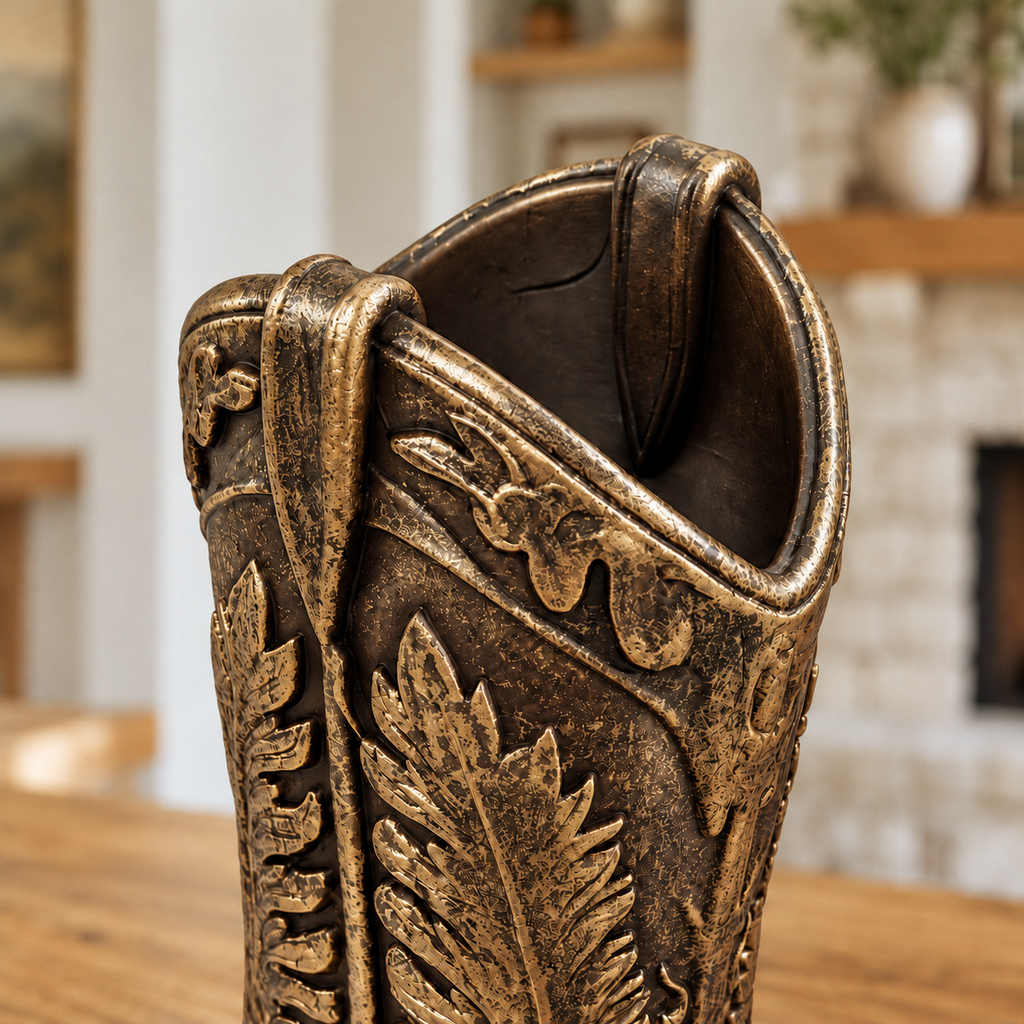 Ornate Cowboy Boot Sculpture, Bronze-Tone Finish, 7-Inch Western Decor