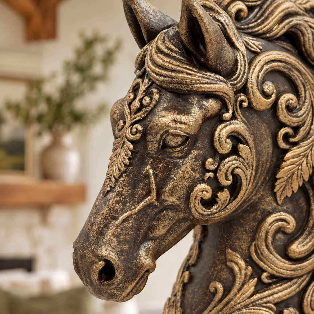 Ornate Resin Horse Head Sculpture, Bronze-Tone Finish, 6.42-Inch Equestrian Decor
