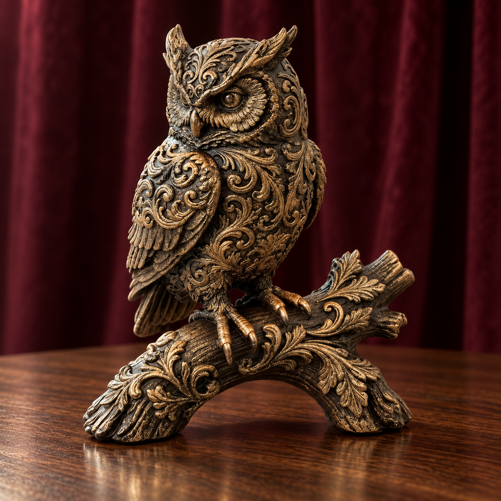 Ornate Resin Owl Sculpture, Bronze-Tone Finish, 7.1-Inch Woodland Decor