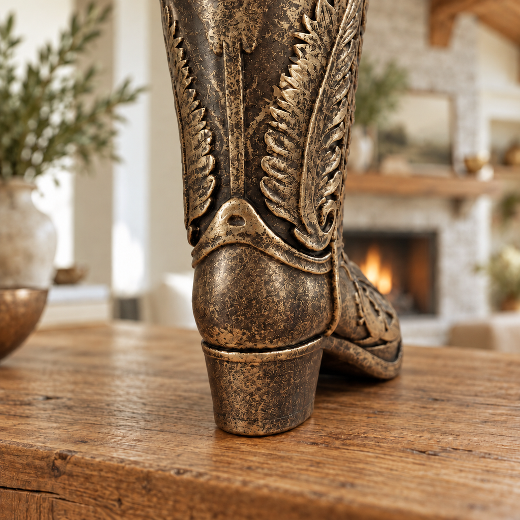 Ornate Cowboy Boot Sculpture, Bronze-Tone Finish, 7-Inch Western Decor
