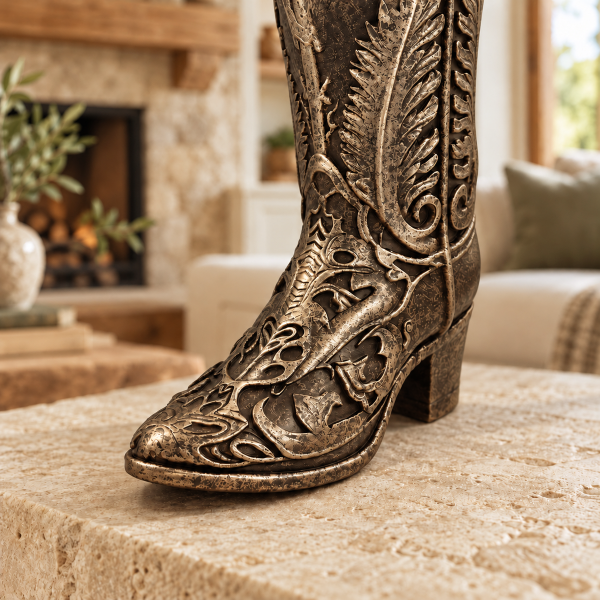 Ornate Cowboy Boot Sculpture, Bronze-Tone Finish, 7-Inch Western Decor