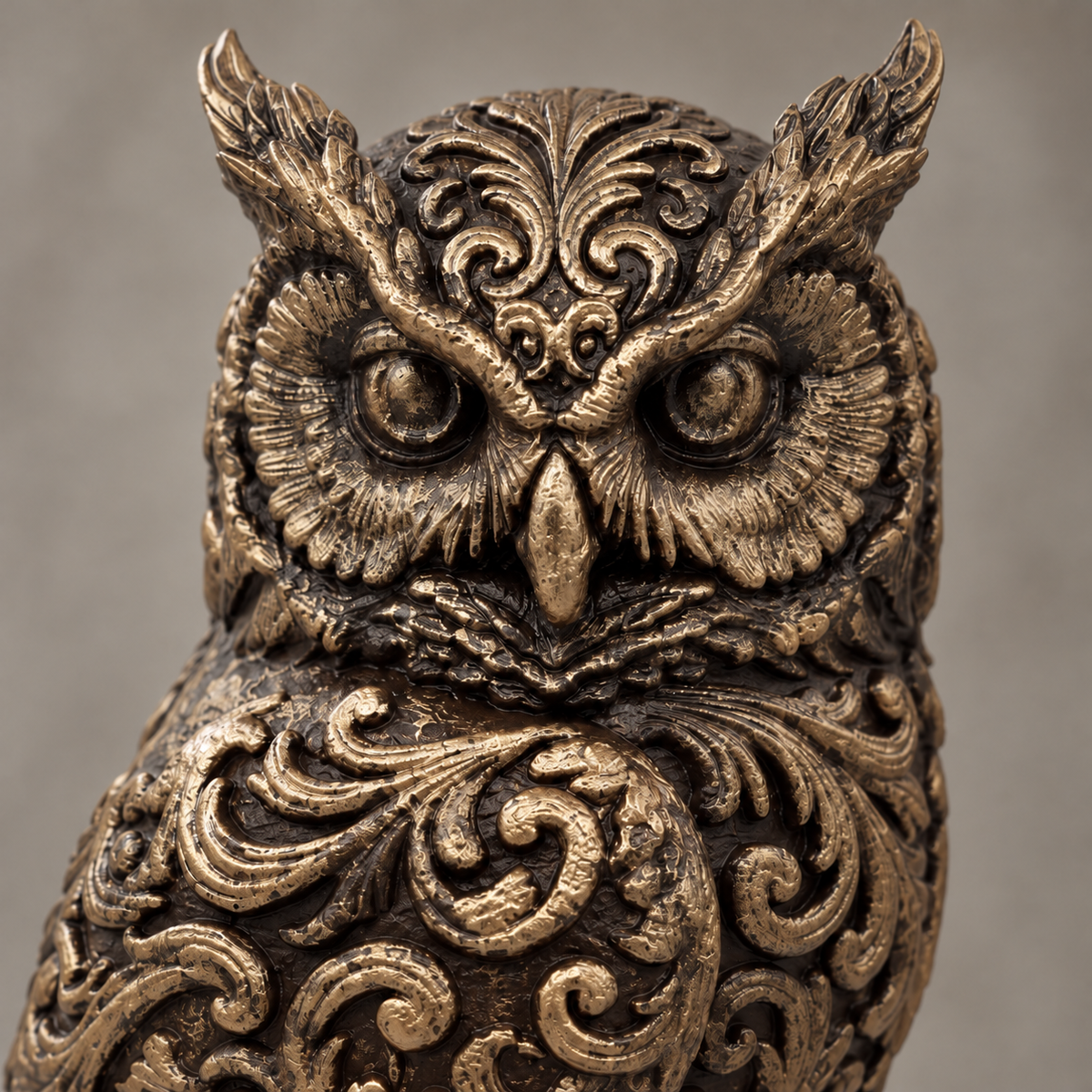 Ornate Resin Owl Sculpture, Bronze-Tone Finish, 7.1-Inch Woodland Decor