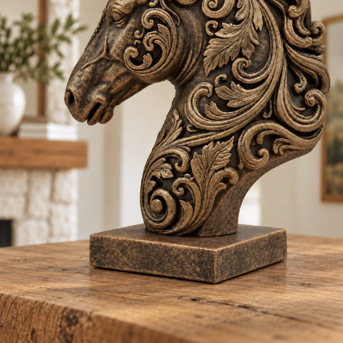 Ornate Resin Horse Head Sculpture, Bronze-Tone Finish, 6.42-Inch Equestrian Decor