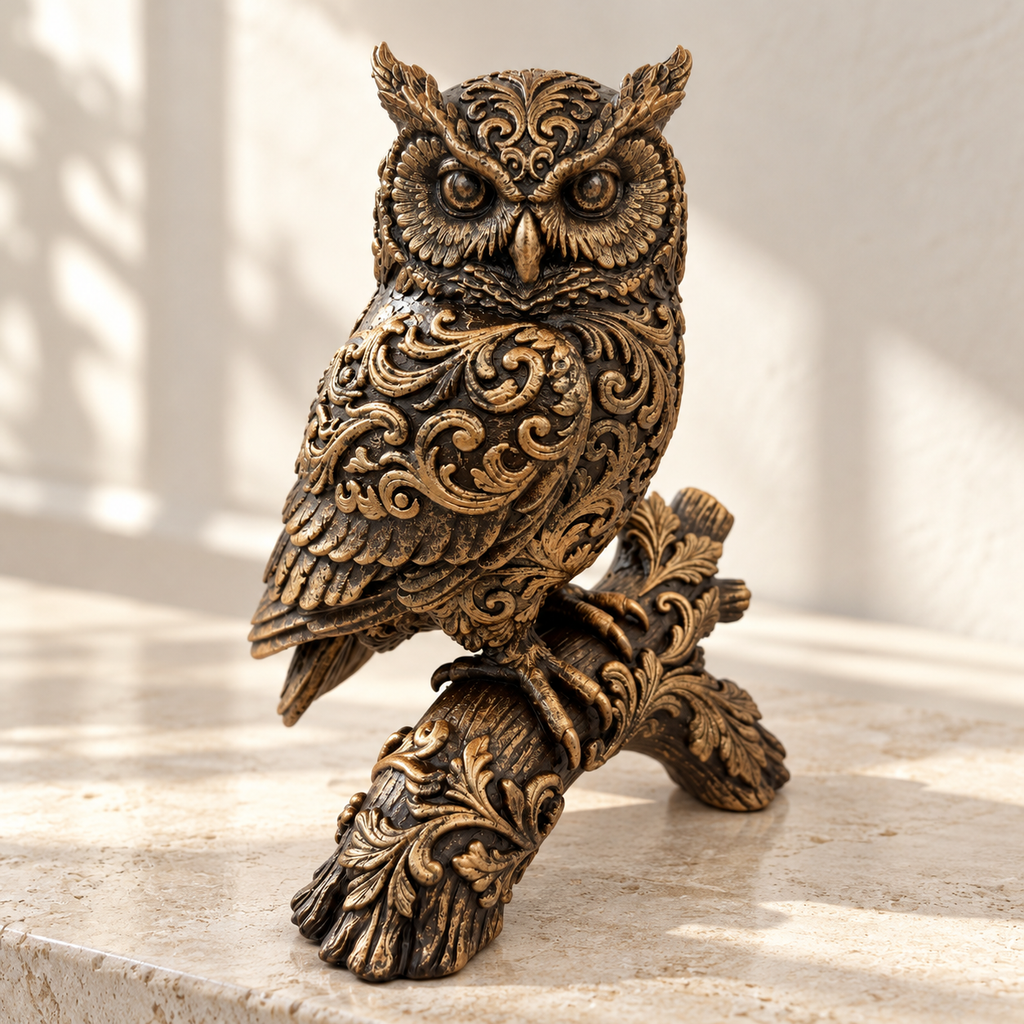 Ornate Resin Owl Sculpture, Bronze-Tone Finish, 7.1-Inch Woodland Decor
