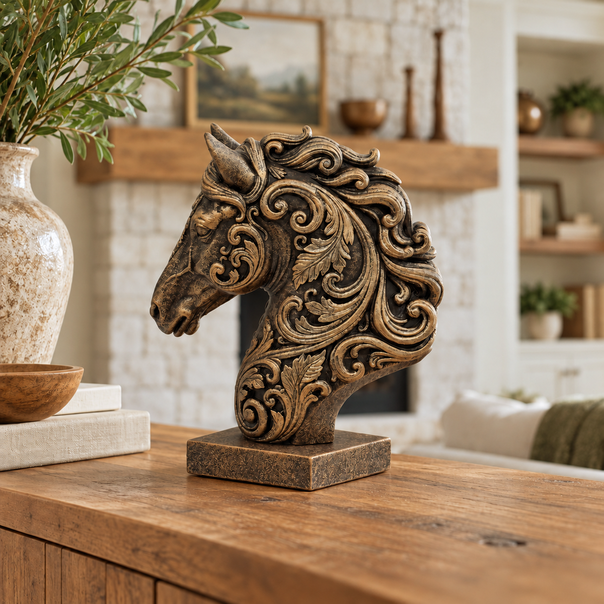 Ornate Resin Horse Head Sculpture, Bronze-Tone Finish, 6.42-Inch Equestrian Decor