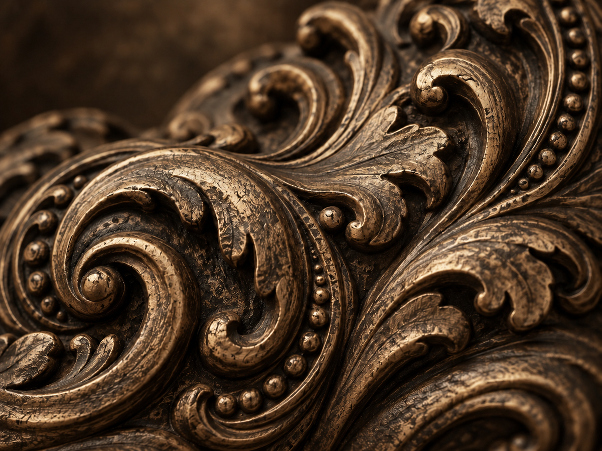 Decorative antique bronze scrollwork with muted gold highlights 