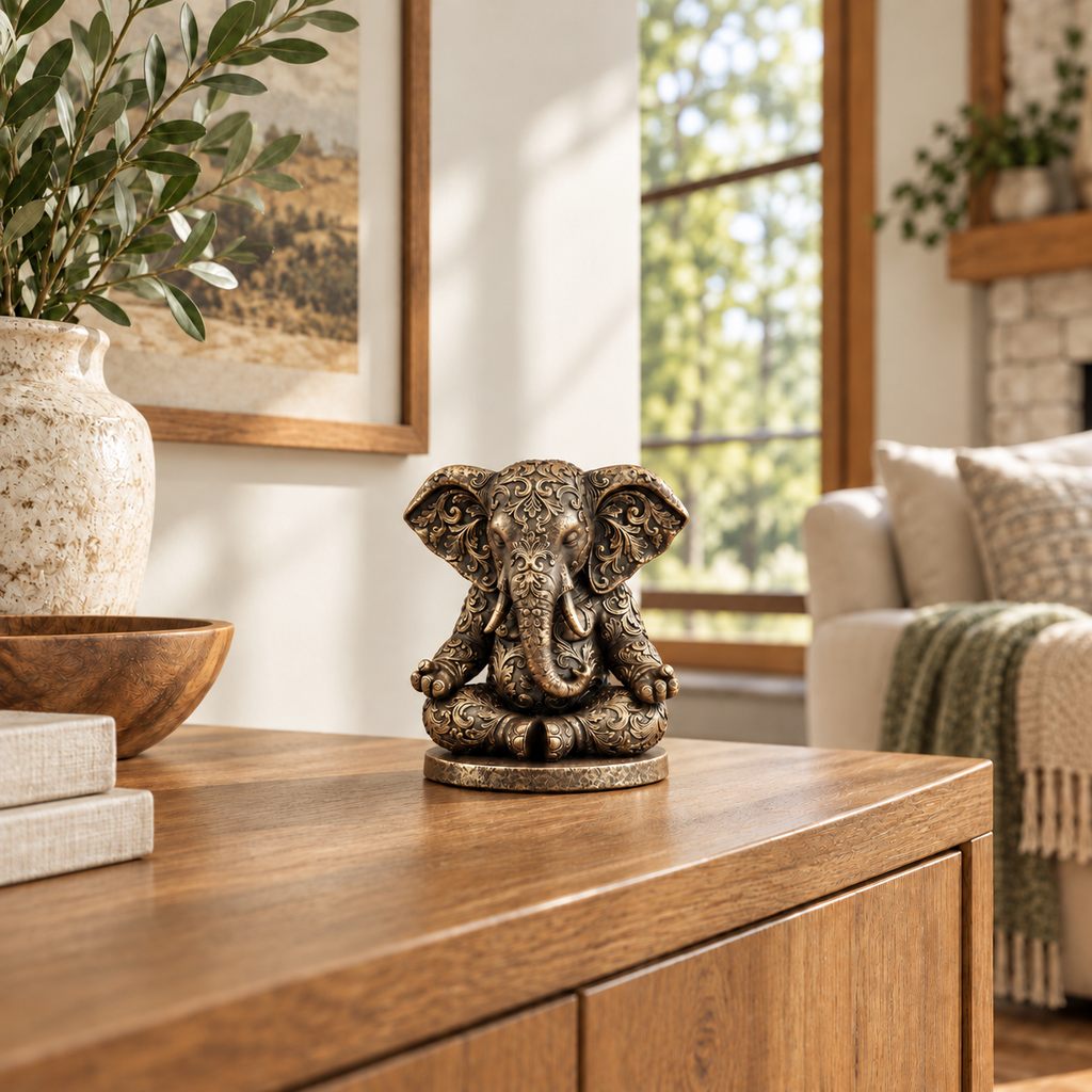 Bronze-tone Ganesha statue on an oak cabinet in a warm, peaceful reading corner 