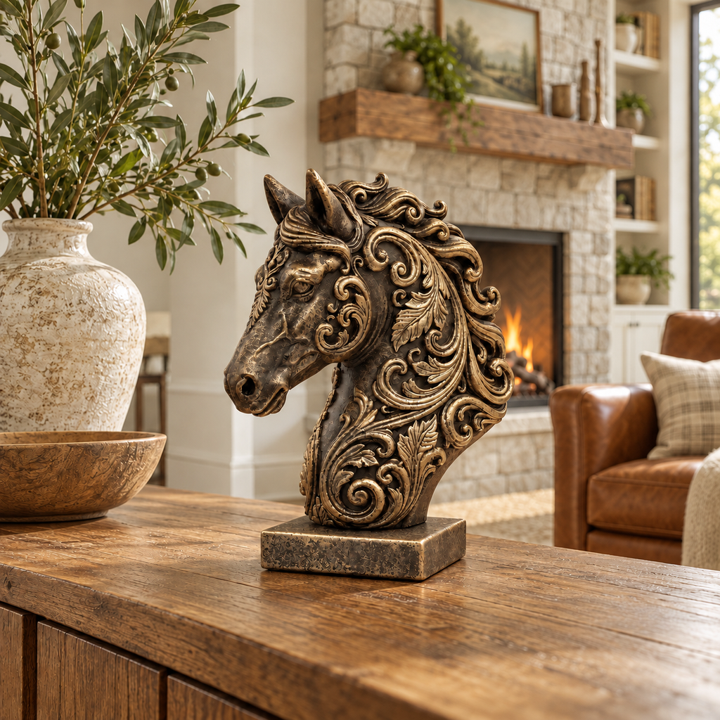 Bronze-tone horse head sculpture on a wood console beside a stone fireplace in a welcoming living room 