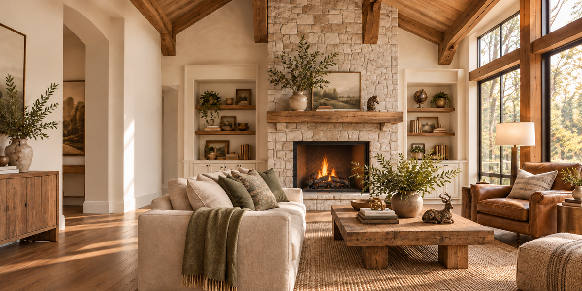 Warm living room with a stone fireplace, cream sofa and small bronze-tone horse, deer and globe accents.