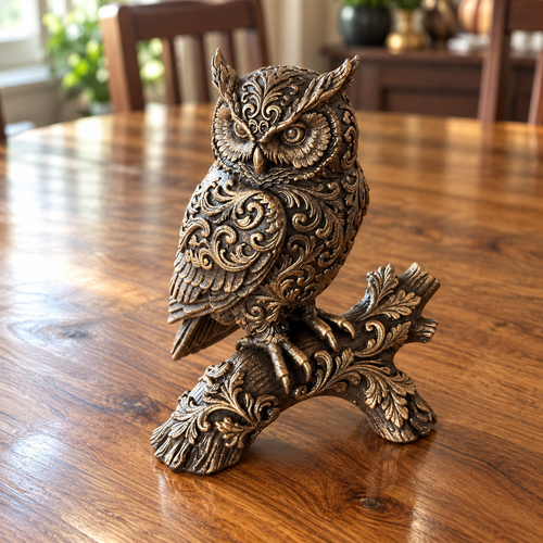 Hand-painted bronze-tone owl sculpture on its ornate branch base, viewed from above on a sunlit wood dining table