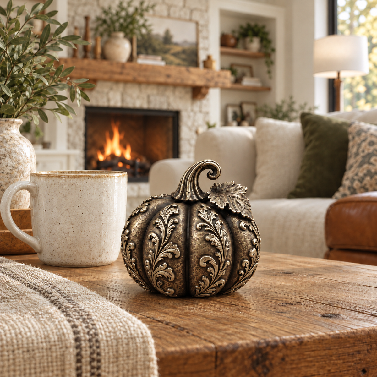 Small bronze-tone pumpkin on a wood coffee table beside a cream mug in a cozy living room 