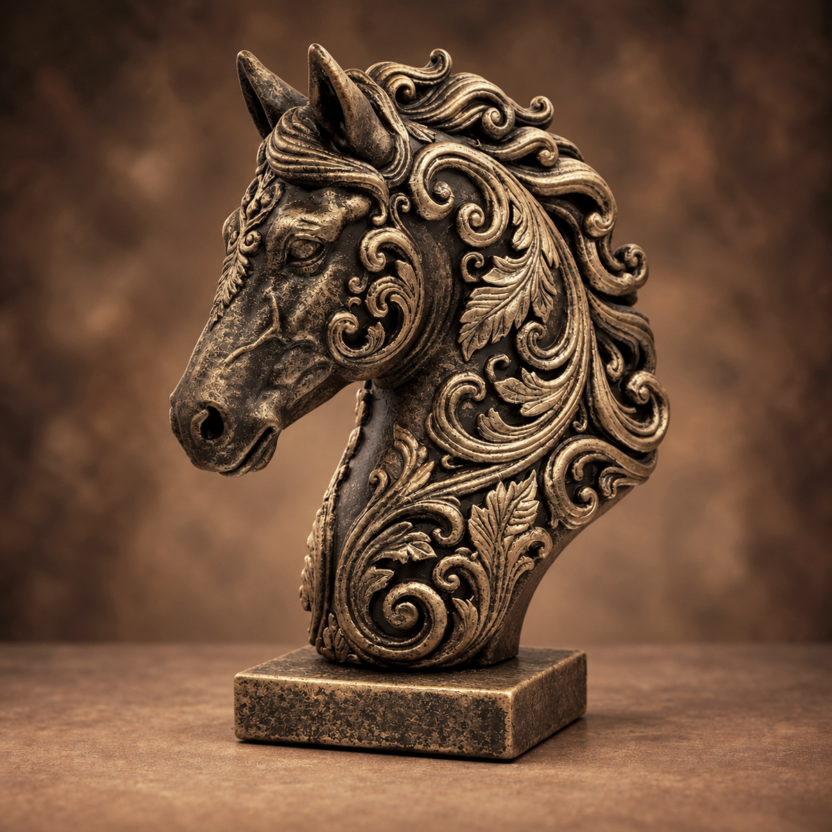 Ornate Resin Horse Head Sculpture, Bronze-Tone Finish, 6.42-Inch Equestrian Decor