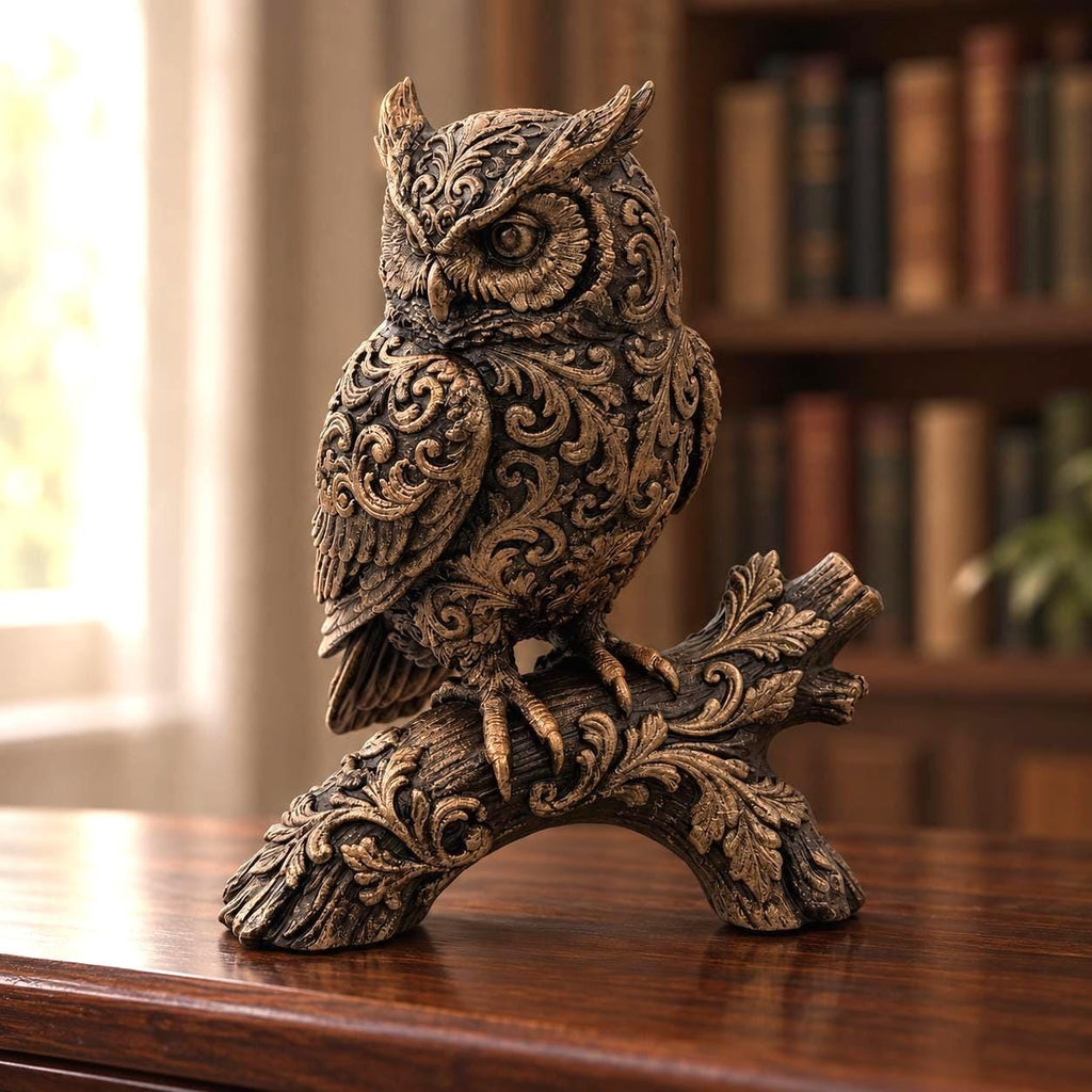 Ornate Owl Sculpture, Bronze-Tone Finish, Woodland Shelf Decor — detail 2