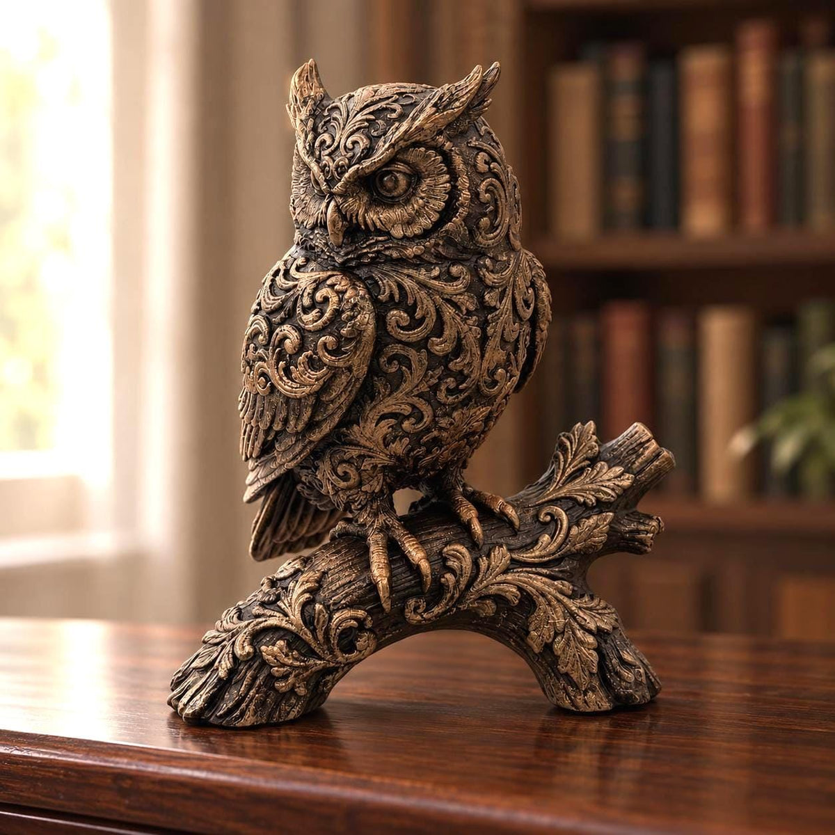 Ornate Owl Sculpture, Bronze-Tone Finish, Woodland Shelf Decor — detail 2