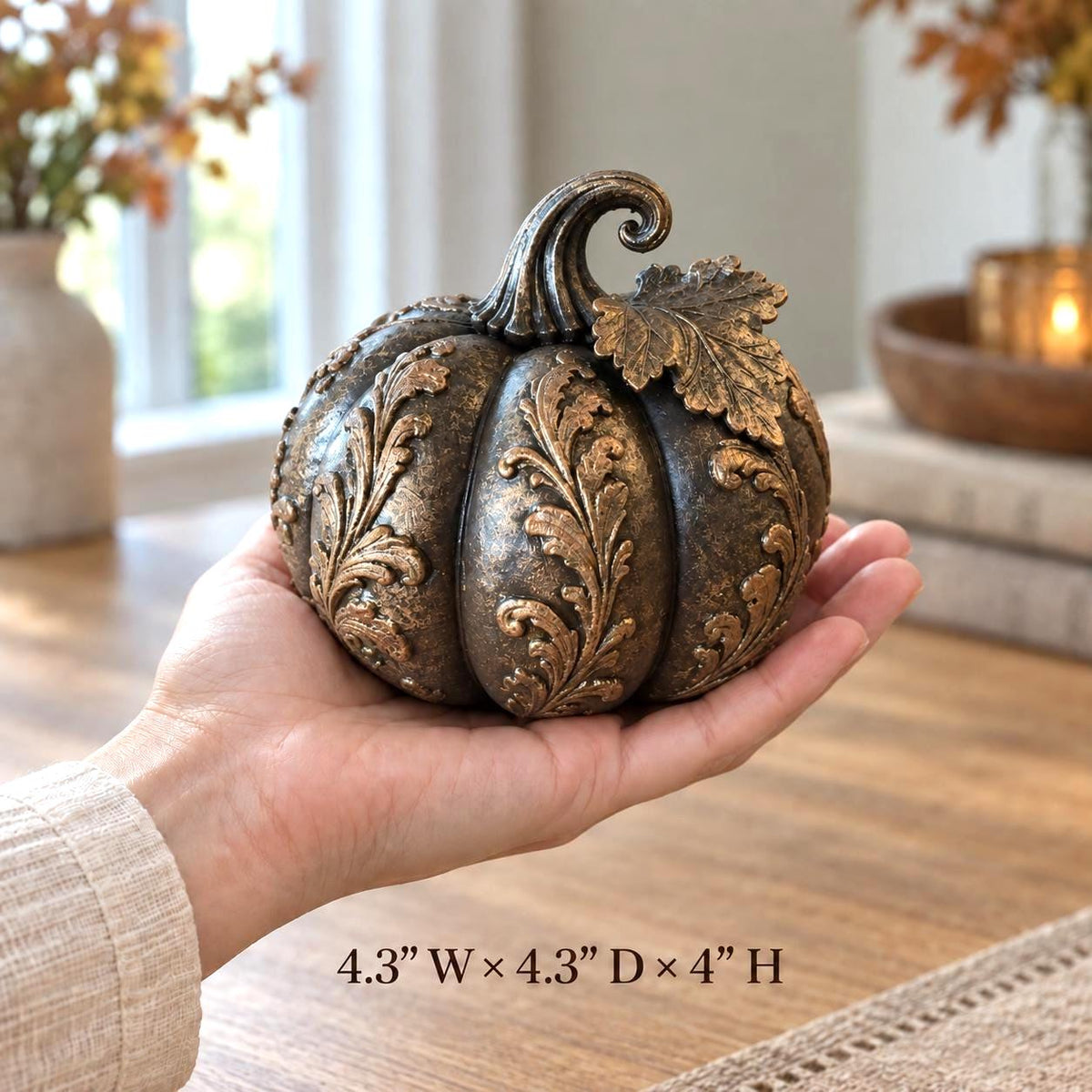 Ornate Pumpkin Sculpture, Bronze-Tone Finish, Woodland Fall Decor — detail 2