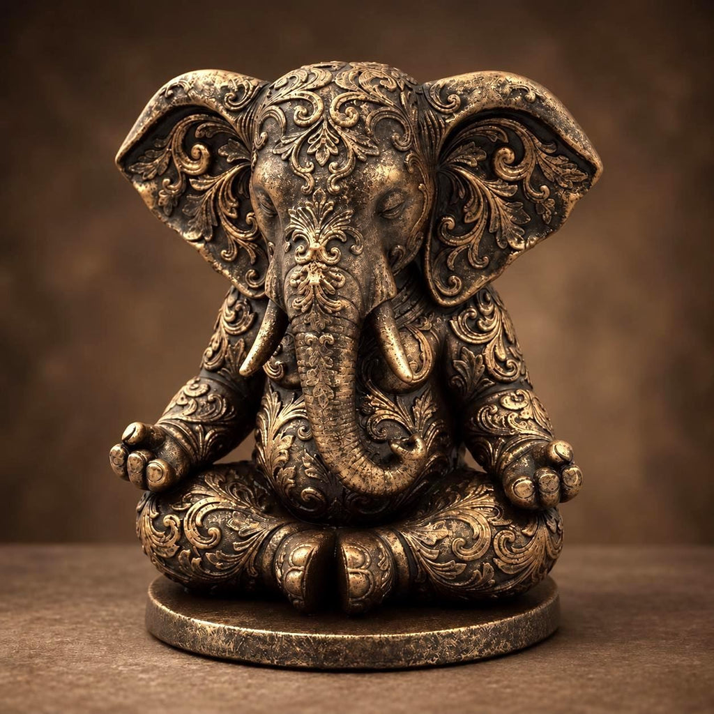 Ornate Ganesha Statue, Antique Bronze Tone Elephant Figurine, Meditation Room Decor