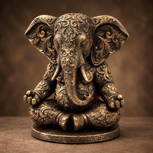 Ornate Ganesha Statue, Antique Bronze Tone Elephant Figurine, Meditation Room Decor