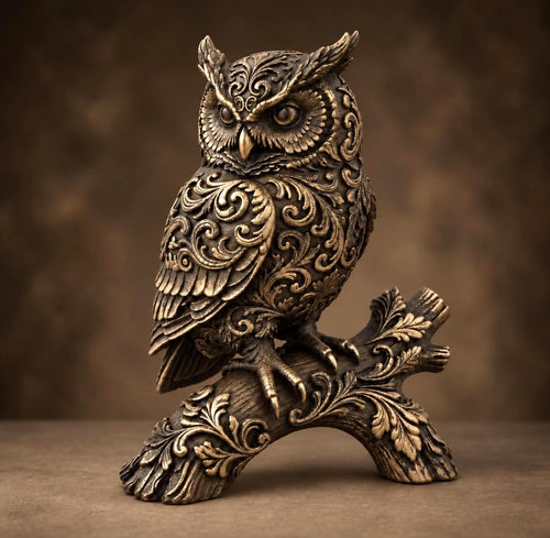 Ornate Owl Sculpture, Bronze-Tone Finish, Woodland Shelf Decor