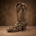 Ornate Cowboy Boot Decor, Bronze and Gold Tone Western Accent, Rustic Shelf Display