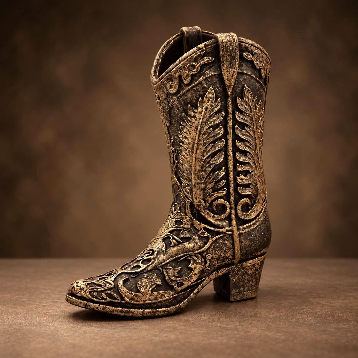 Ornate Cowboy Boot Decor, Bronze and Gold Tone Western Accent, Rustic Shelf Display