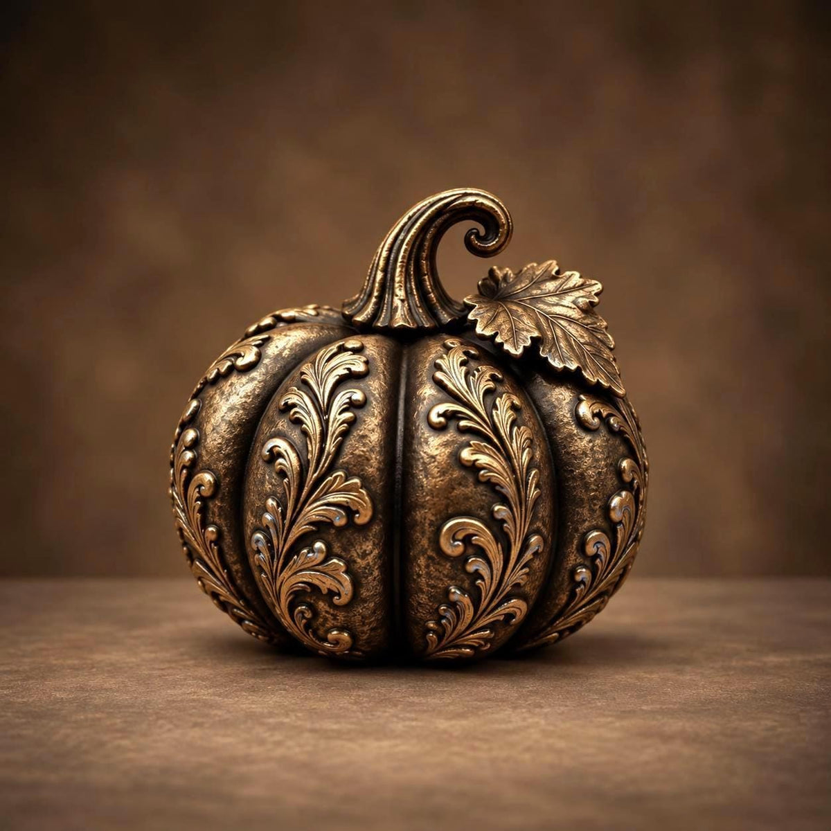 Ornate Pumpkin Sculpture, Bronze-Tone Finish, Woodland Fall Decor