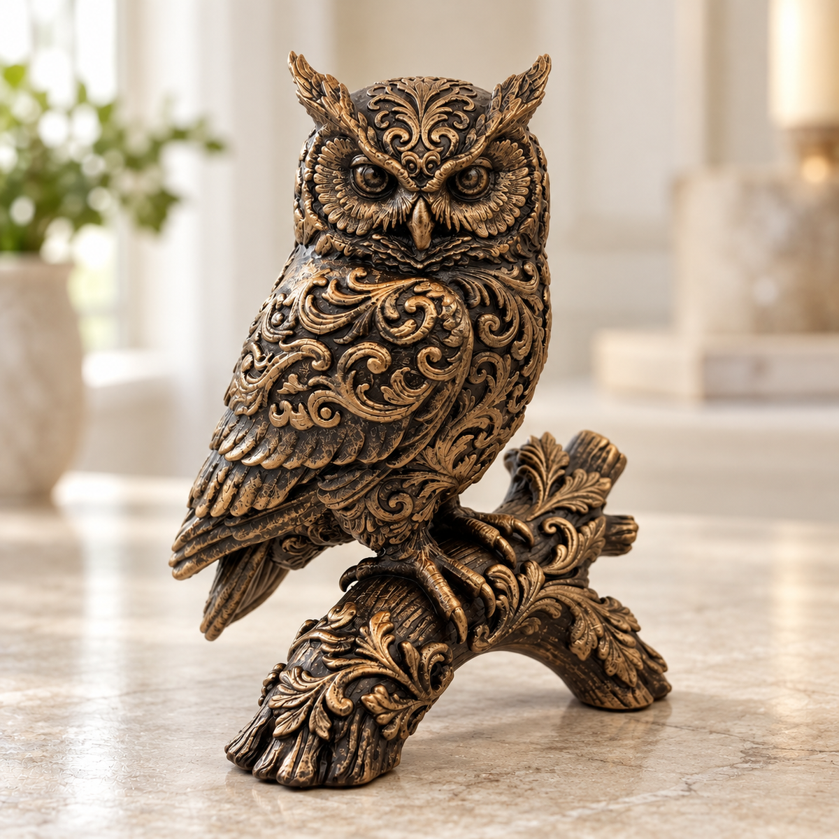 Ornate Resin Owl Sculpture, Bronze-Tone Finish, 7.1-Inch Woodland Decor